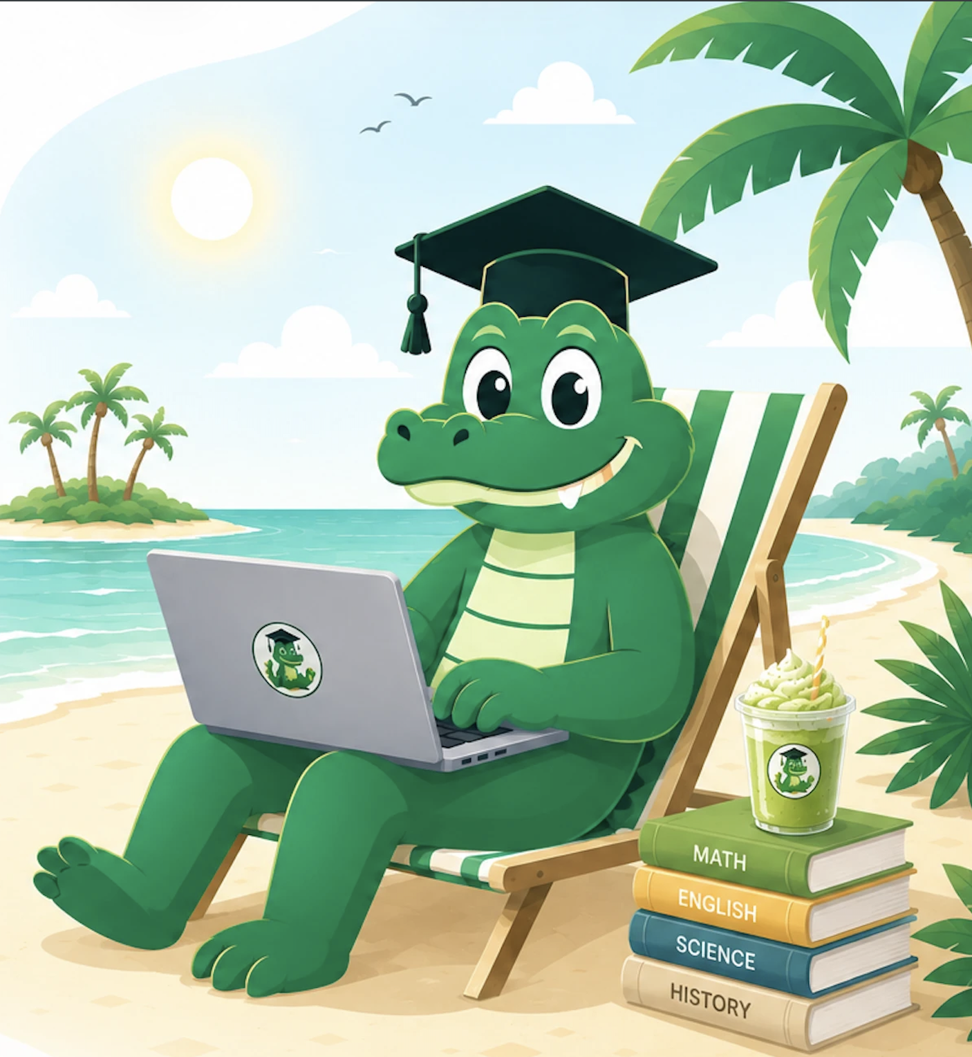Collegator relaxing on the beach with a laptop, ready to help with your college applications